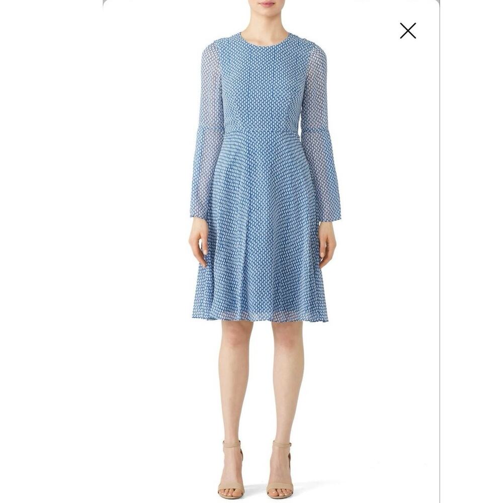L.K. Bennett Blue Ivory 100% Silk Polka Dot Sheer Sleeves Abbie Dress size US 4